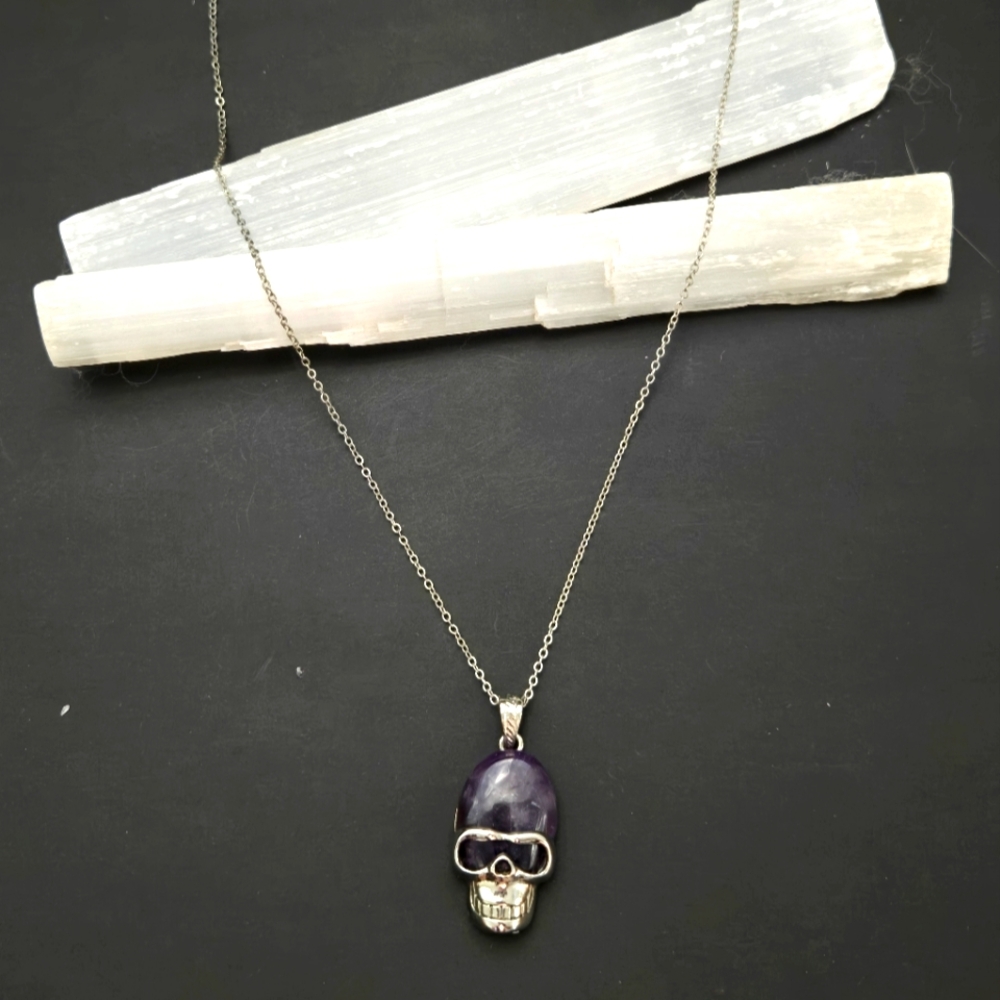 Amethyst+Silver Skull Necklace